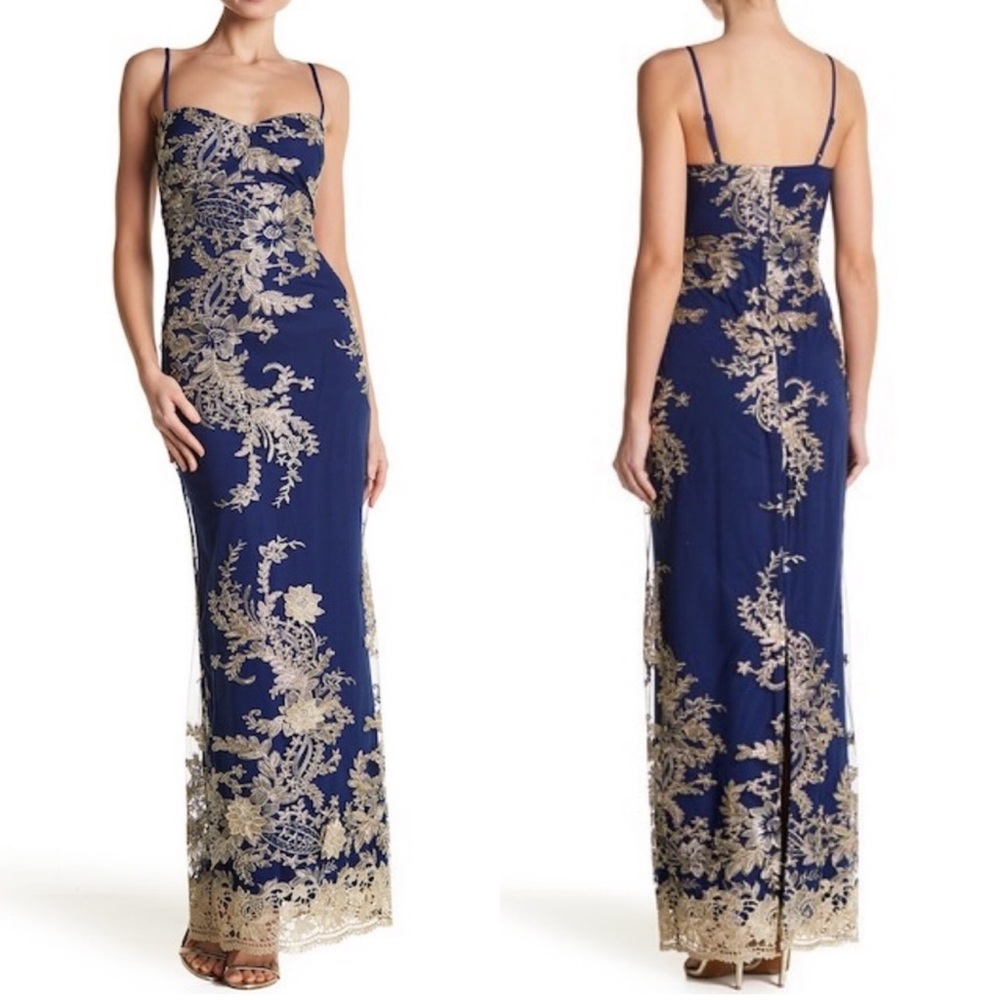 Marina Blue & Gold Embroidered Gown